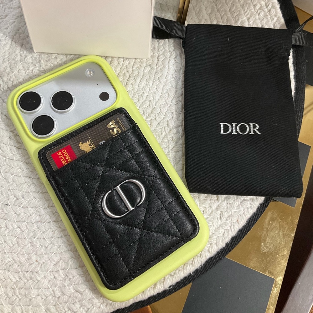 Dior Black Quilted Adhesive Phone Case + Mirror in card slot-NIB with dust bag